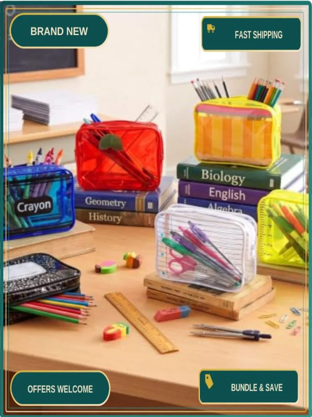 12 Pack Clear PVC Pencil Pouches Waterproof Transparent Zipper Bags for School